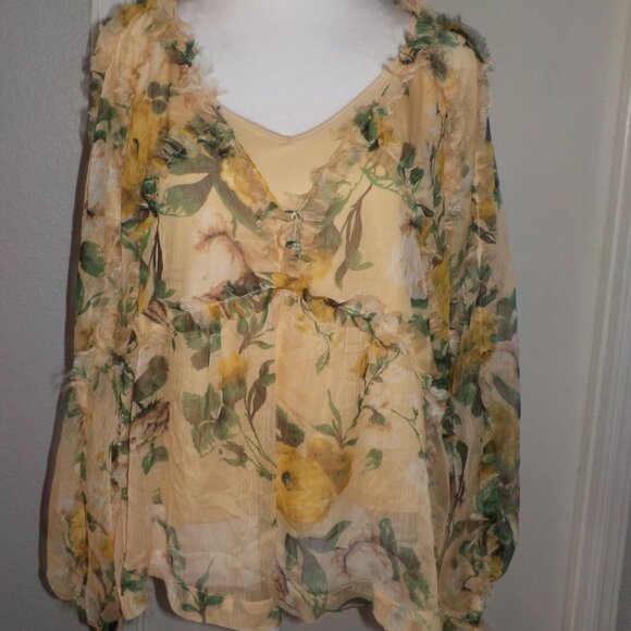 ANTHROPOLOGIE O.P.T. MS SIZE X-LARGE FLORAL PRINT RHEA SHEER CHIFFON BLOUSE - Picture 2 of 10